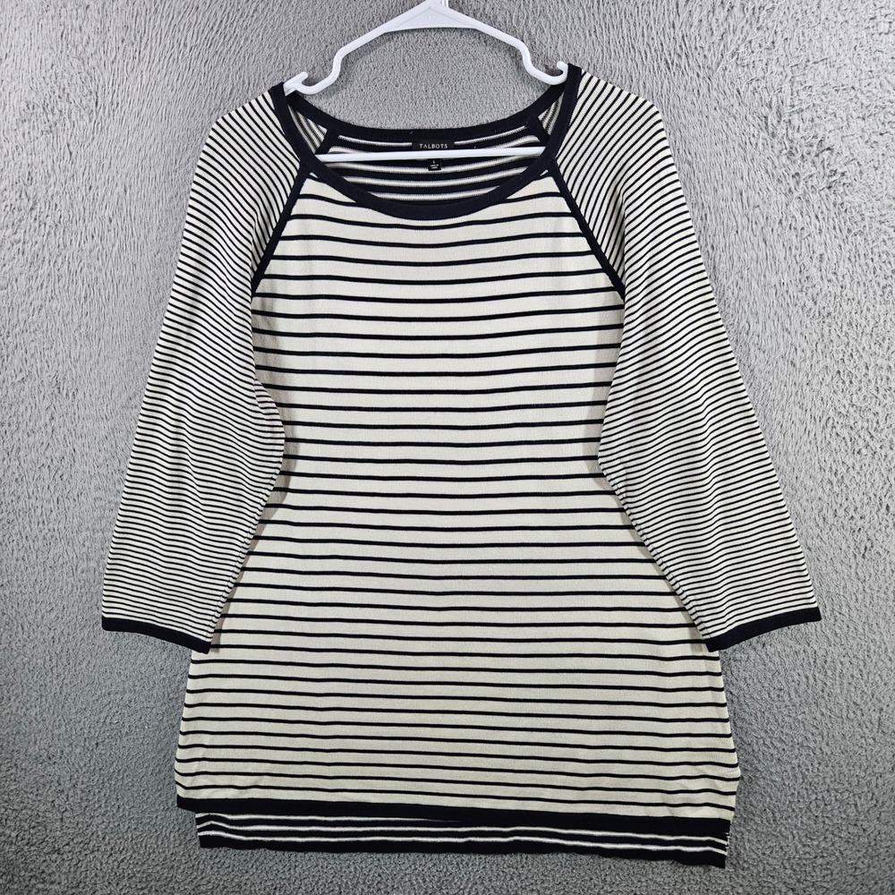 Talbots Womens Navy Blue White Striped Raglan Sleeve Tunic Sweater Large